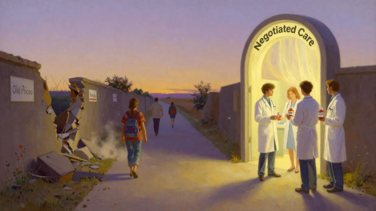 Un camino médico con paredes antiguas derrumbadas y un arco de cuidado negociado brillante, pacientes caminan hacia un horizonte luminoso.