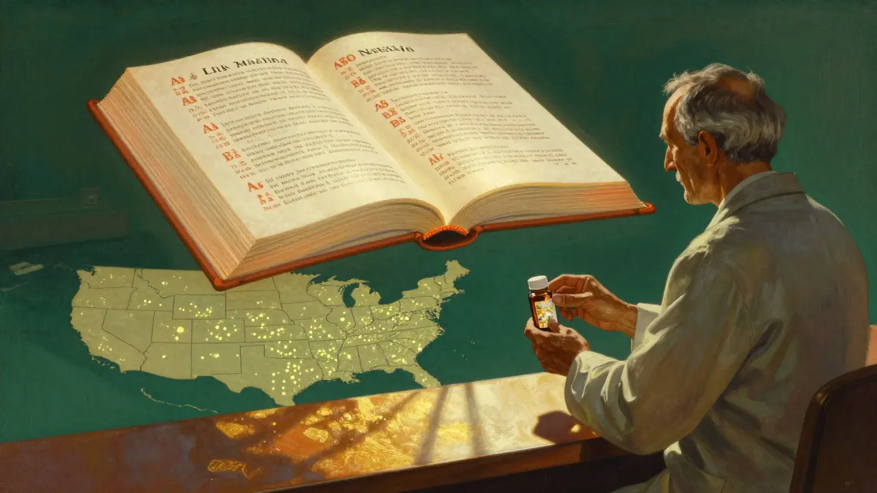 Un farmacéutico entrega un medicamento mientras flota el Libro Naranja con clasificaciones AB y BX, iluminado por luz matutina.