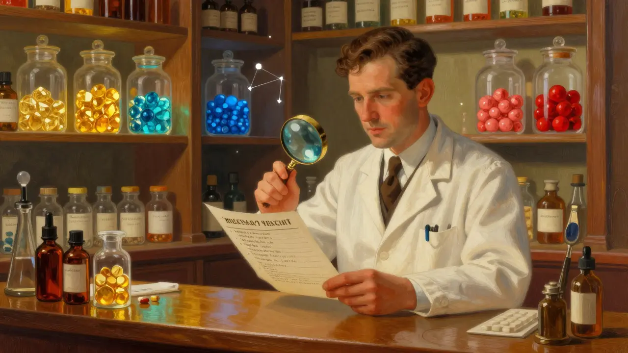Un farmacéutico examina una lista de medicamentos con una lupa, mientras ingredientes activos flotan en el aire como constelaciones luminosas.