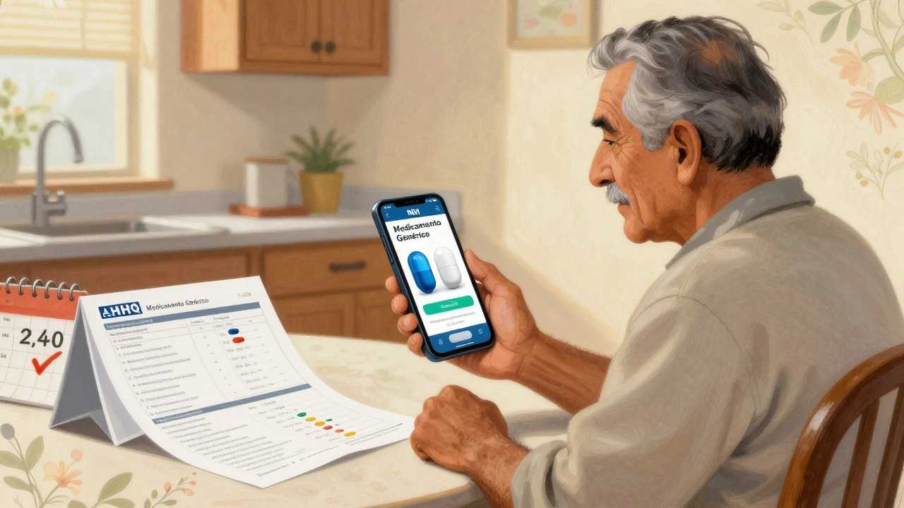 Un hombre mayor mira una app de medicamentos genéricos en su teléfono, con una lista de medicamentos y ahorros visibles en la mesa.