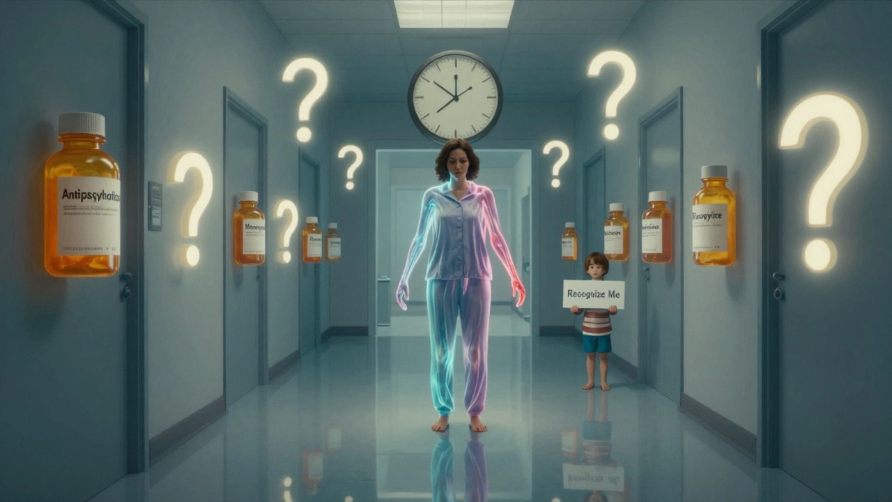 Un pasillo surreal con frascos de medicamentos y extremidades brillantes que se mueven, simbolizando la akatisia y el diagnóstico erróneo.