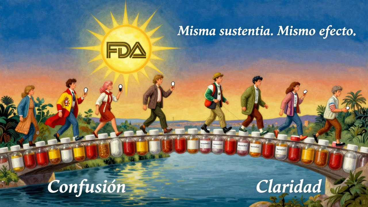 Un puente de botellas de medicinas conecta confusión con claridad, con pacientes cruzando y un sello de la FDA brillando en el cielo.