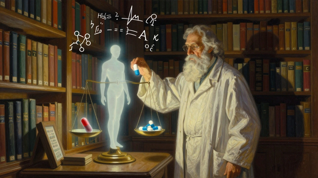 Una biblioteca mágica con libros de niveles de IVIVC y un científico equilibrando un medicamento de liberación prolongada en una balanza celestial.