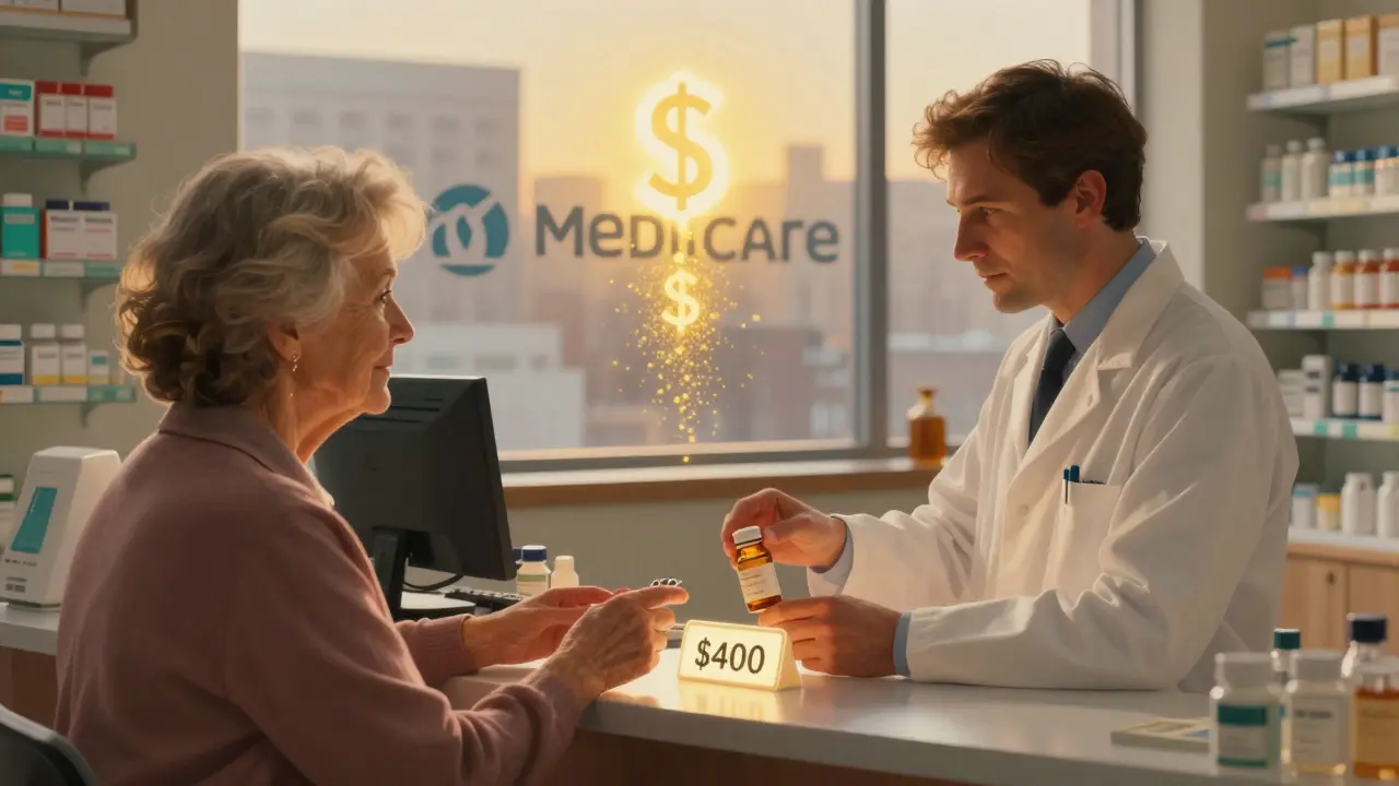 Una farmacéutica entrega un medicamento a una paciente mayor, con un precio negociado brillante en la counter, luz cálida y atmósfera serena.