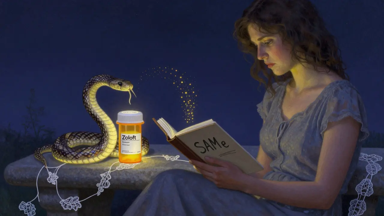 Una mujer en un jardín nocturno mira una serpiente que enrosca una botella de Zoloft, con partículas doradas formando una advertencia.