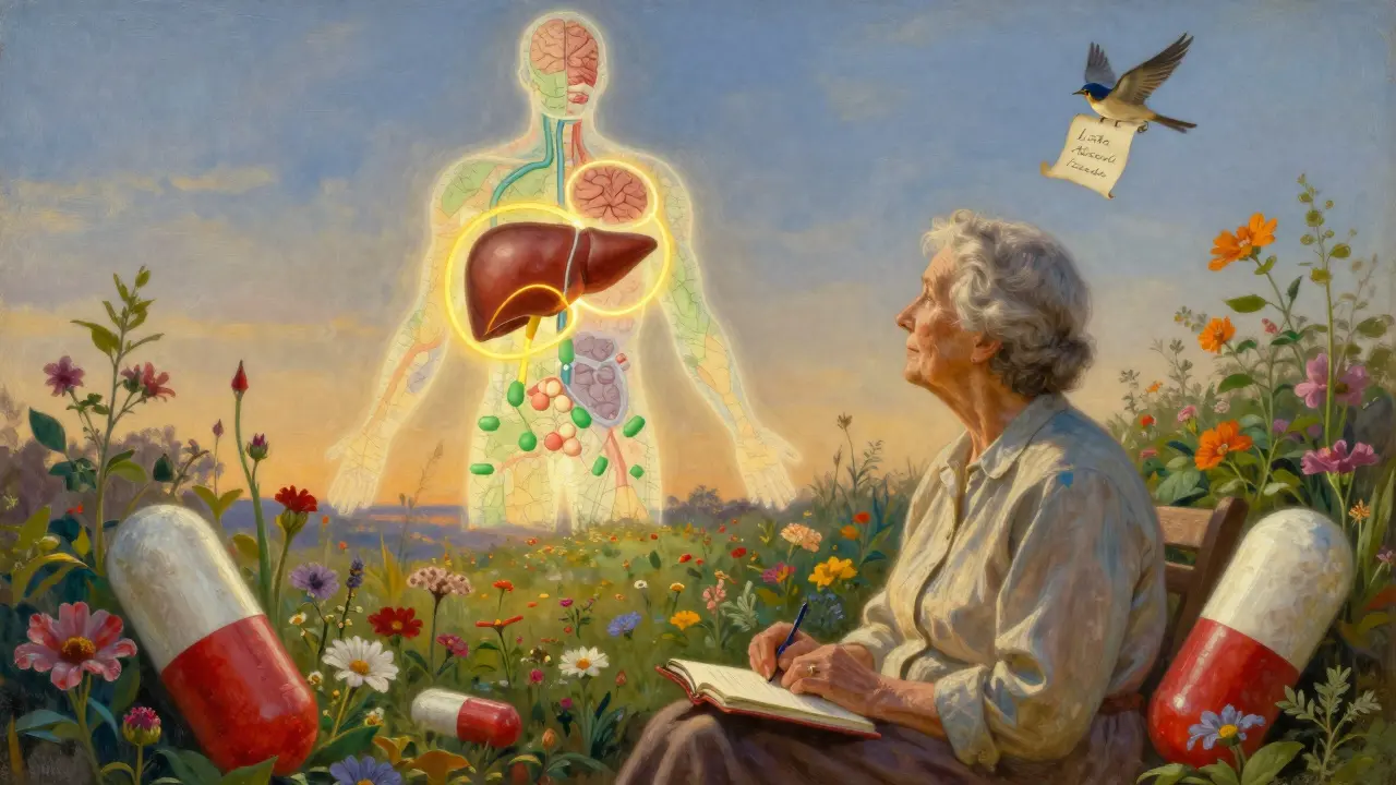 Una mujer mayor en un jardín sostiene una lista, mientras un mapa transparente del cuerpo muestra zonas de riesgo por medicamentos duplicados.