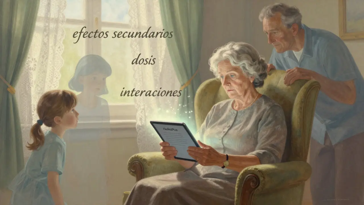 Una mujer mayor lee MedlinePlus en español, rodeada por su familia que observa con alivio, iluminada por luz suave.