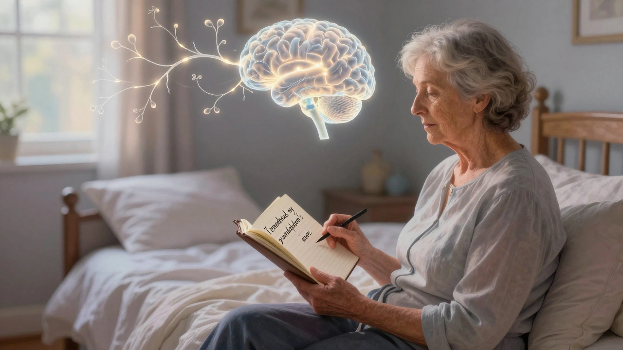 Una mujer mayor mira su diario mientras hilos de luz reconectan su cerebro, representando la recuperación cognitiva tras dejar el medicamento.