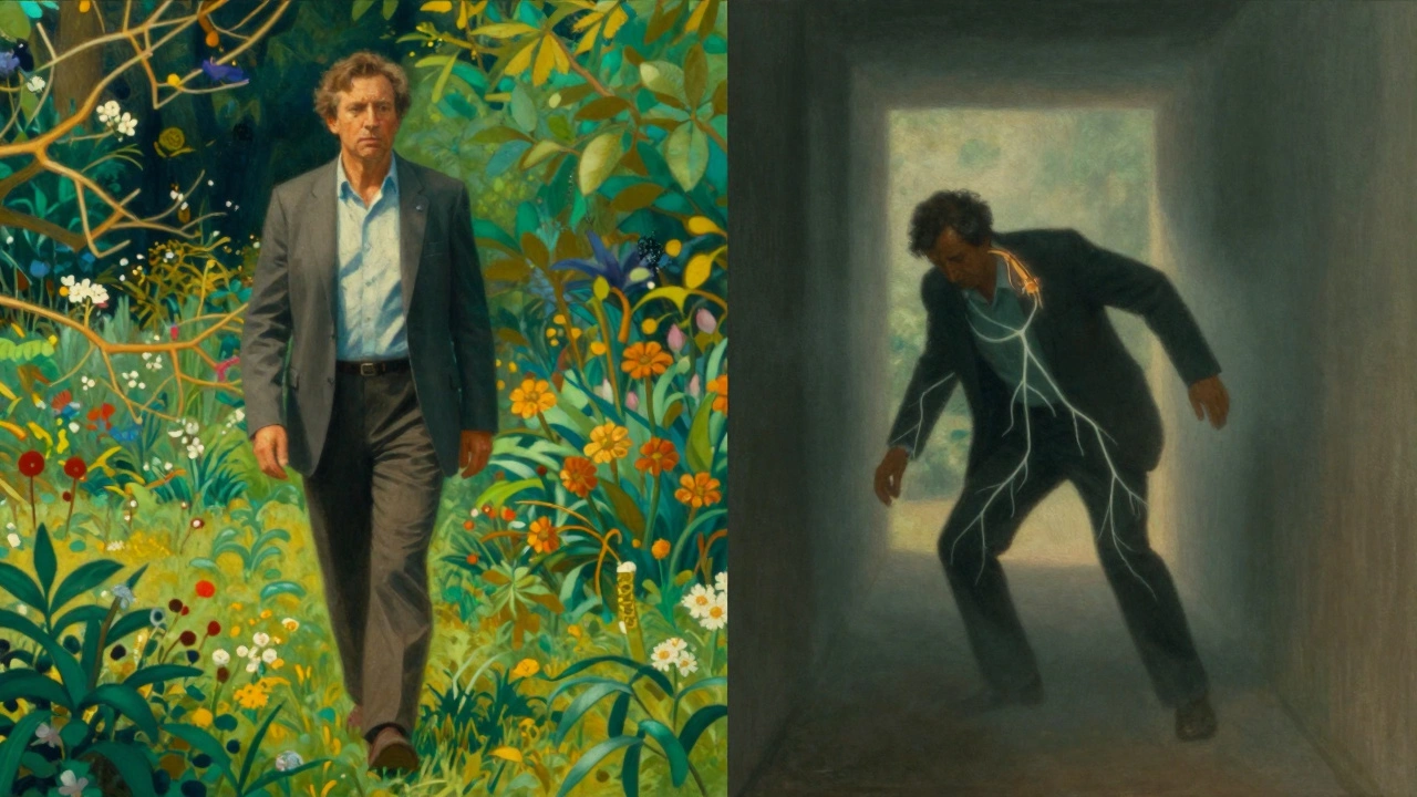 Una persona camina en un jardín brillante a un lado, y tropezando en un pasillo neblinoso al otro, simbolizando el efecto de las benzodiazepinas.