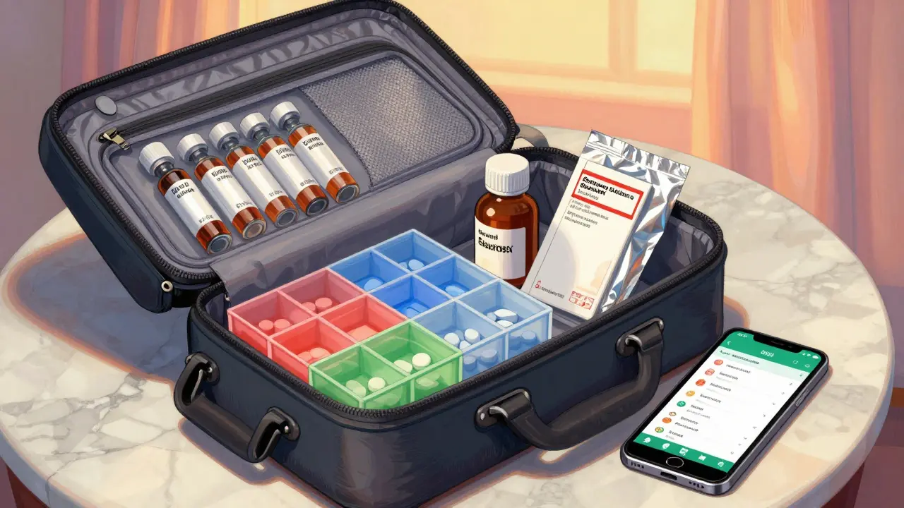 Bolso de viaje organizado con medicamentos protegidos y app en teléfono.