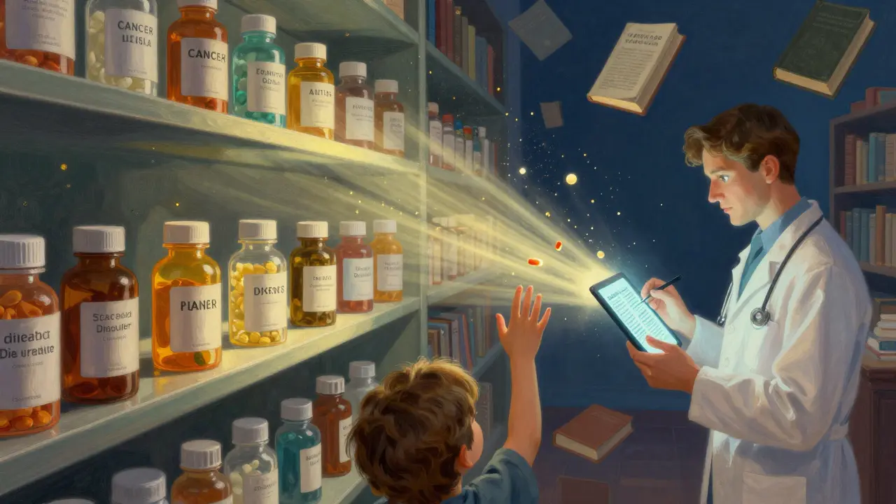 Botellas de medicamentos flotan con indicaciones no aprobadas, iluminadas por luz celestial en una biblioteca mágica.