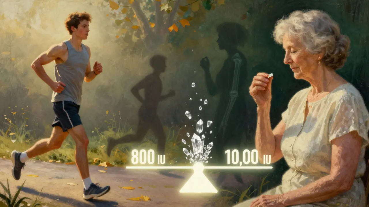 Comparación ilustrada entre un hombre activo y una mujer mayor, con escáneres óseos y una balanza de dosis de vitamina D.