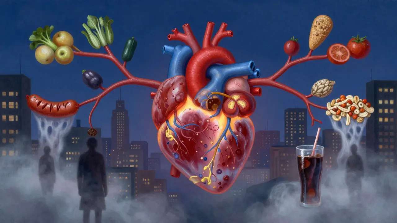 Corazón brillante sostenido por frutas y granos enteros, mientras alimentos procesados se desvanecen en la niebla.