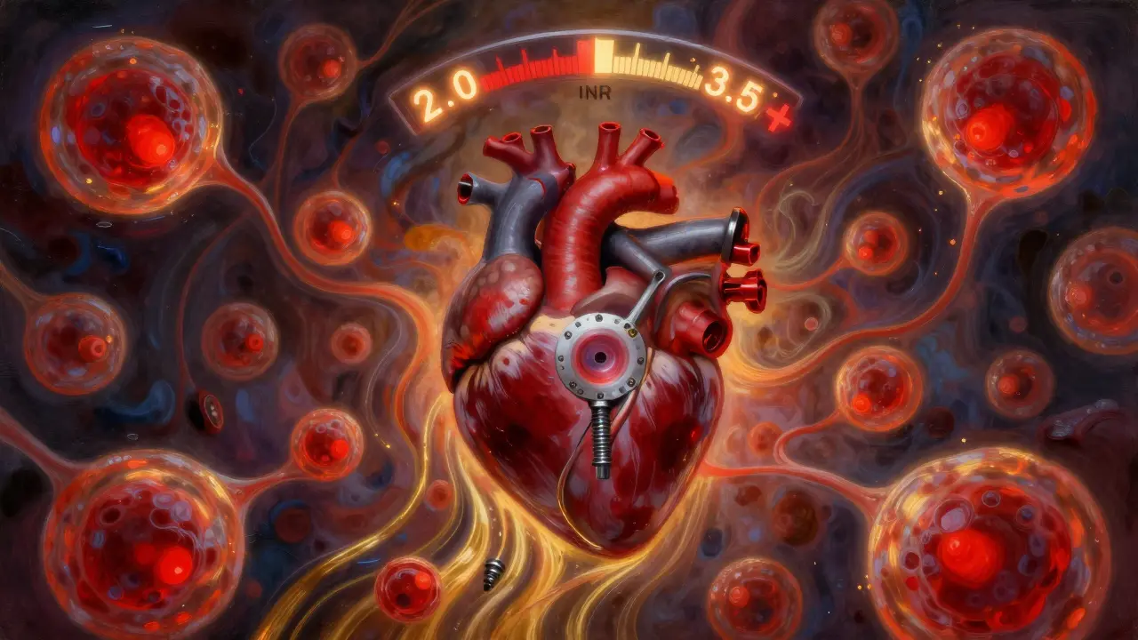 Corazón con válvula mecánica y células sanguíneas que fluyen en tonos dorados y rojos, con una escala INR flotante.