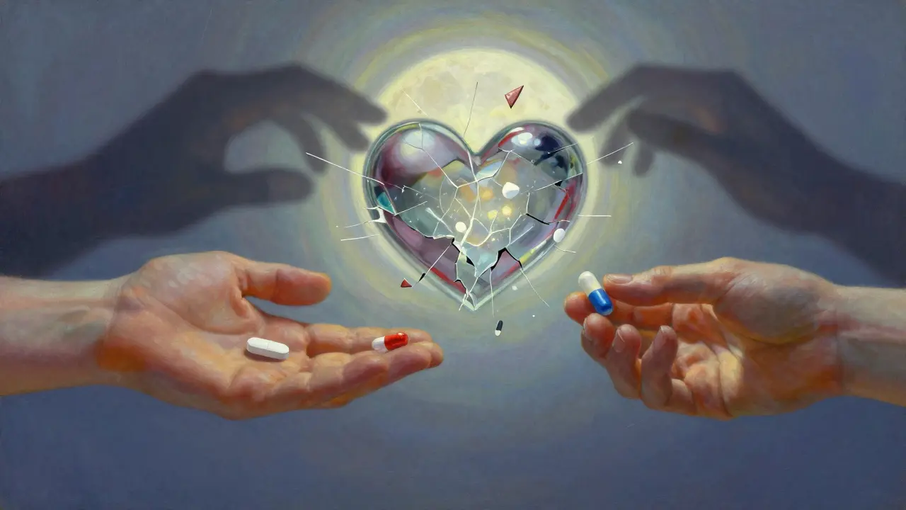 Dos manos alcanzando una pastilla genérica y otra de marca, con un corazón de cristal rompiéndose en fragmentos brillantes entre sombras suaves.