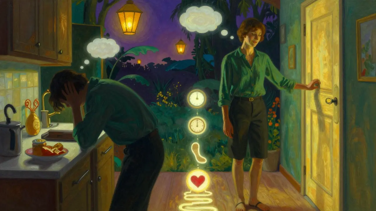 Dos versiones de una persona: una con culpa en la cocina, otra en paz cerrando el armario, conectadas por un sendero luminoso.