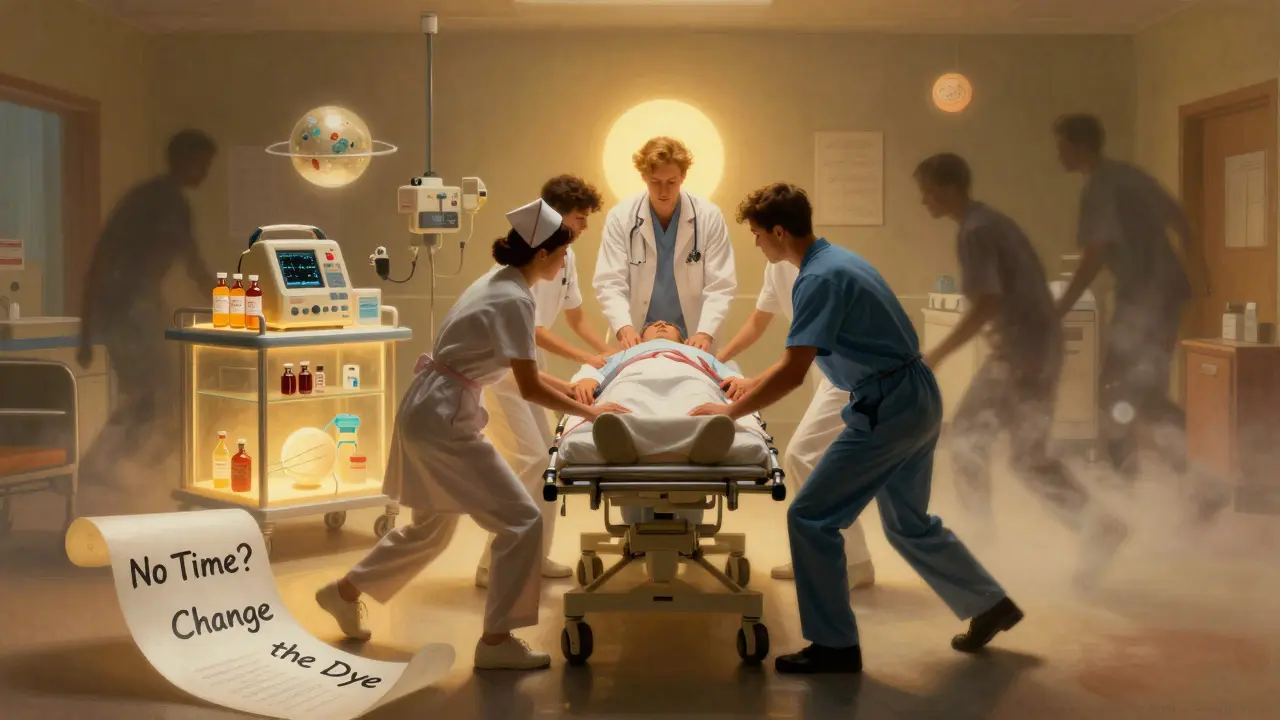 Equipo médico protegiendo a un paciente en emergencia, rodeado de equipos de reanimación brillantes y un mensaje flotante.