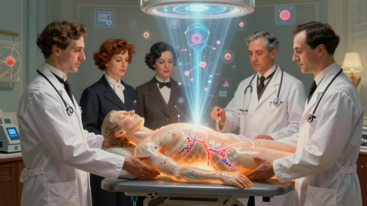 Equipo médico sosteniendo un torso translúcido con fibrosis, iluminado por un escáner biomarcador y símbolos de investigación.