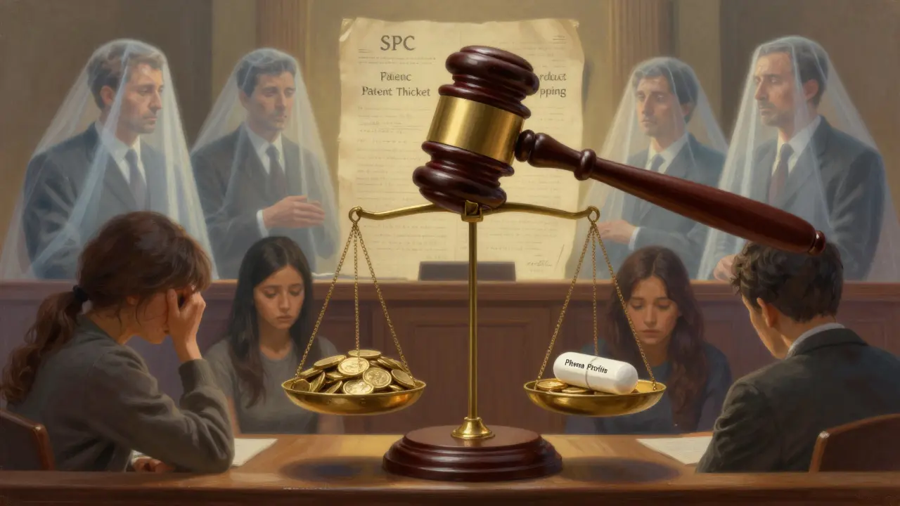 Escena de tribunal con una balanza entre ganancias farmacéuticas y pacientes, rodeada de pergaminos regulatorios en estilo pictórico.