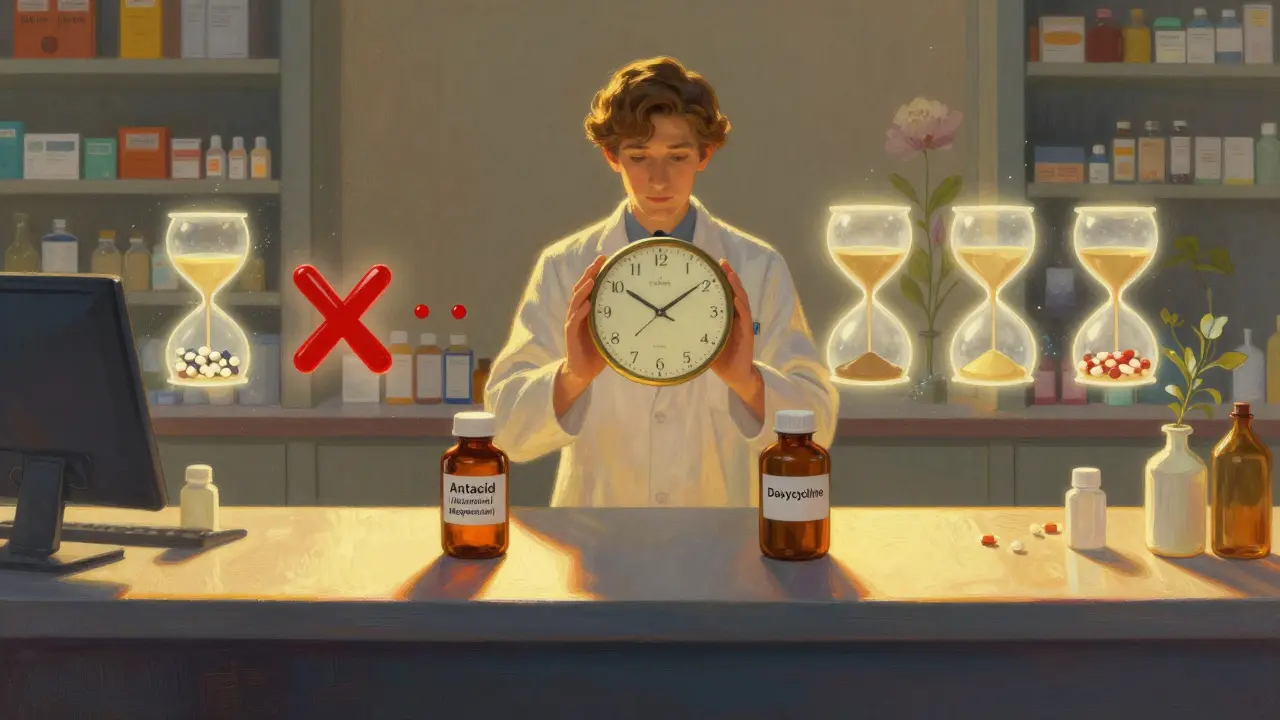 Farmacéutico mostrando la separación temporal segura entre antibiótico y antácido con relojes flotantes.