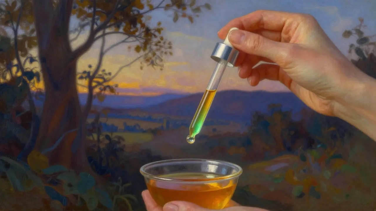 Gotero con línea color ámbar que indica la dosis correcta, sostenido por una mano tranquila.