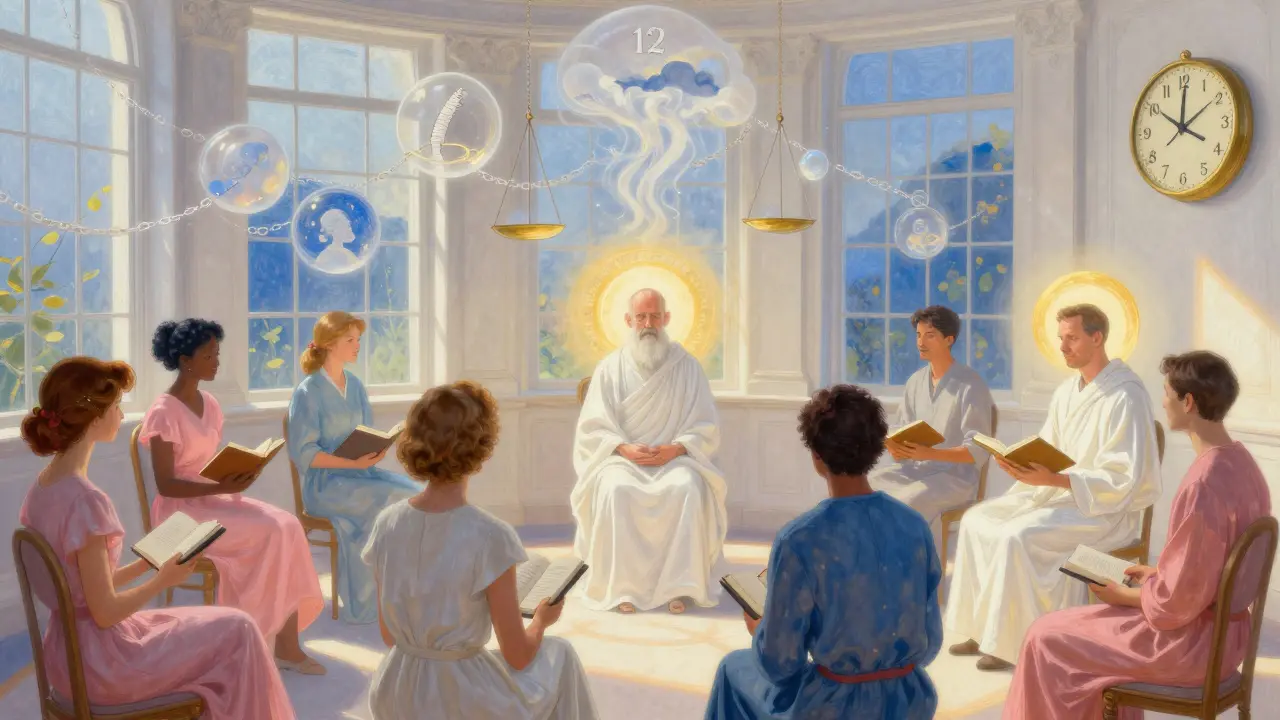 Grupo de personas en una sala iluminada por el sol, hablando con un terapeuta, mientras patrones de pensamiento positivos flotan en el aire.