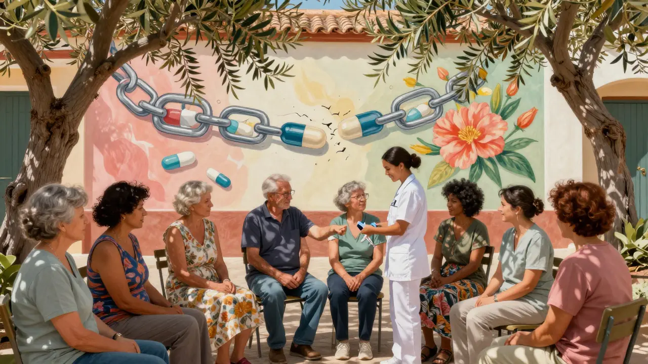 Grupo diverso en un centro comunitario recibiendo inyecciones bajo árboles de olivo, con un mural de cadenas rotas y flores.