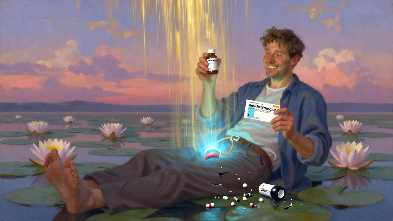 Hombre sonríe con medicamentos seguros, vejiga relajada y pastillas dañinas desapareciendo en luz dorada.