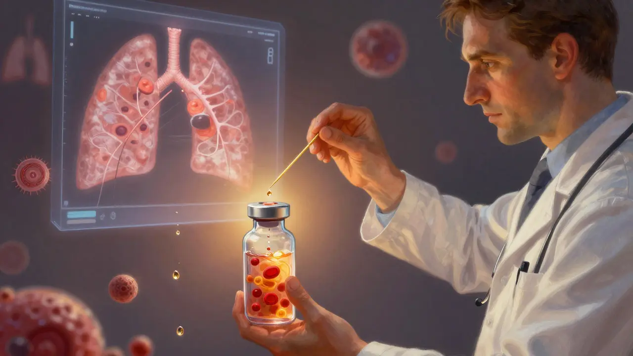 Médico realizando una toracocentesis guiada por ultrasonido, con gotas de líquido que contienen células cancerosas y bacterias en un frasco brillante.