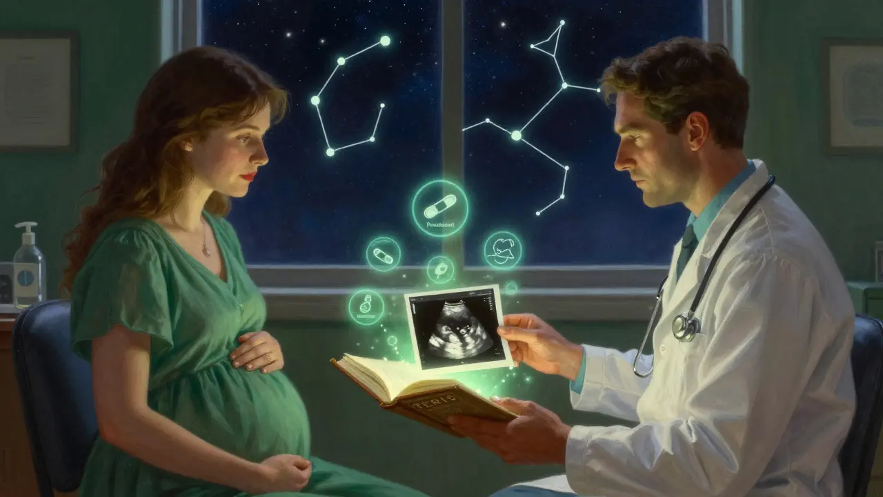 Médico y paciente revisando una ecografía mientras medicamentos seguros brillan como íconos flotantes en una clínica tranquila.