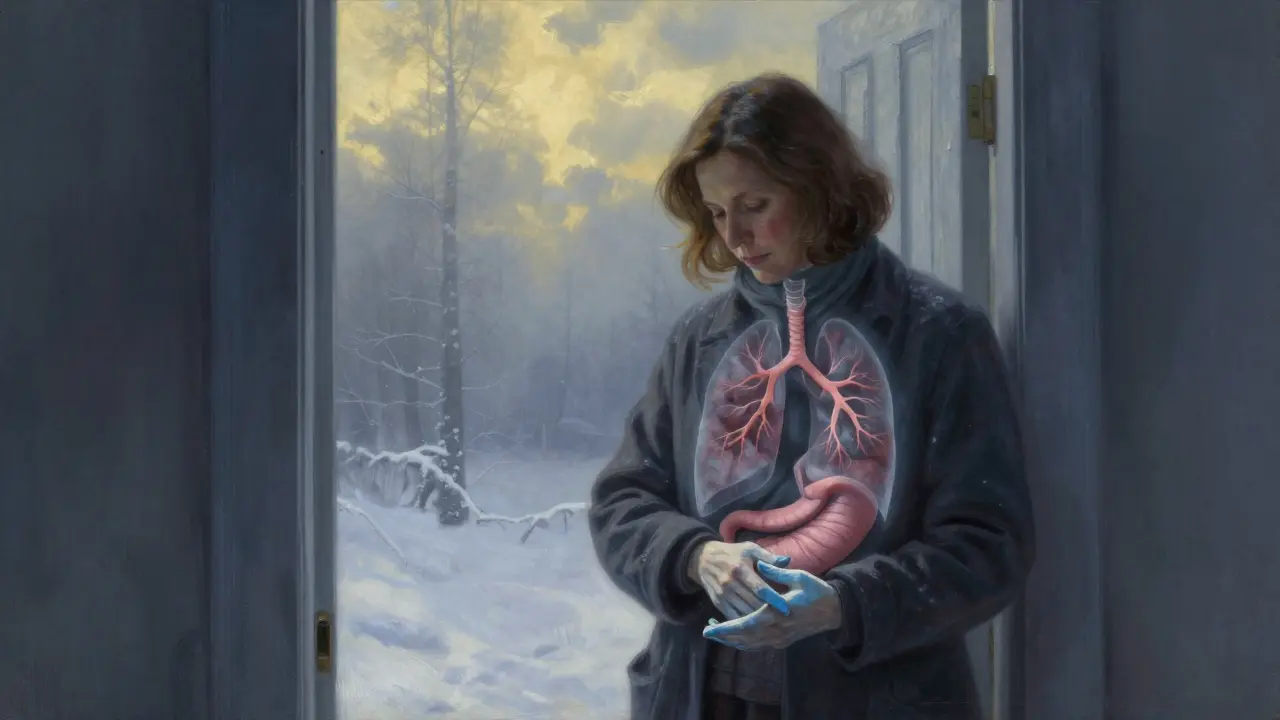 Mujer en umbral invernal con dedos que cambian de color, mientras órganos internos se vuelven rígidos como raíces.