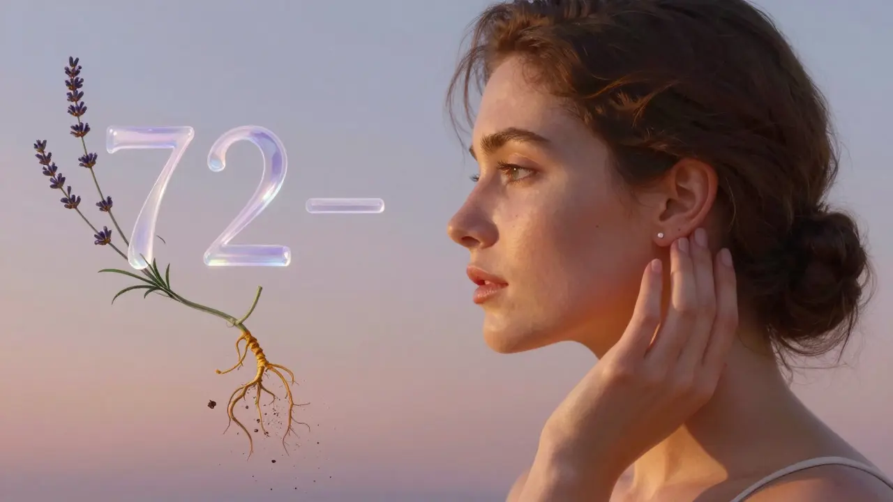 Mujer probando producto detrás de la oreja, con flores de lavanda y cítricos desintegrándose.