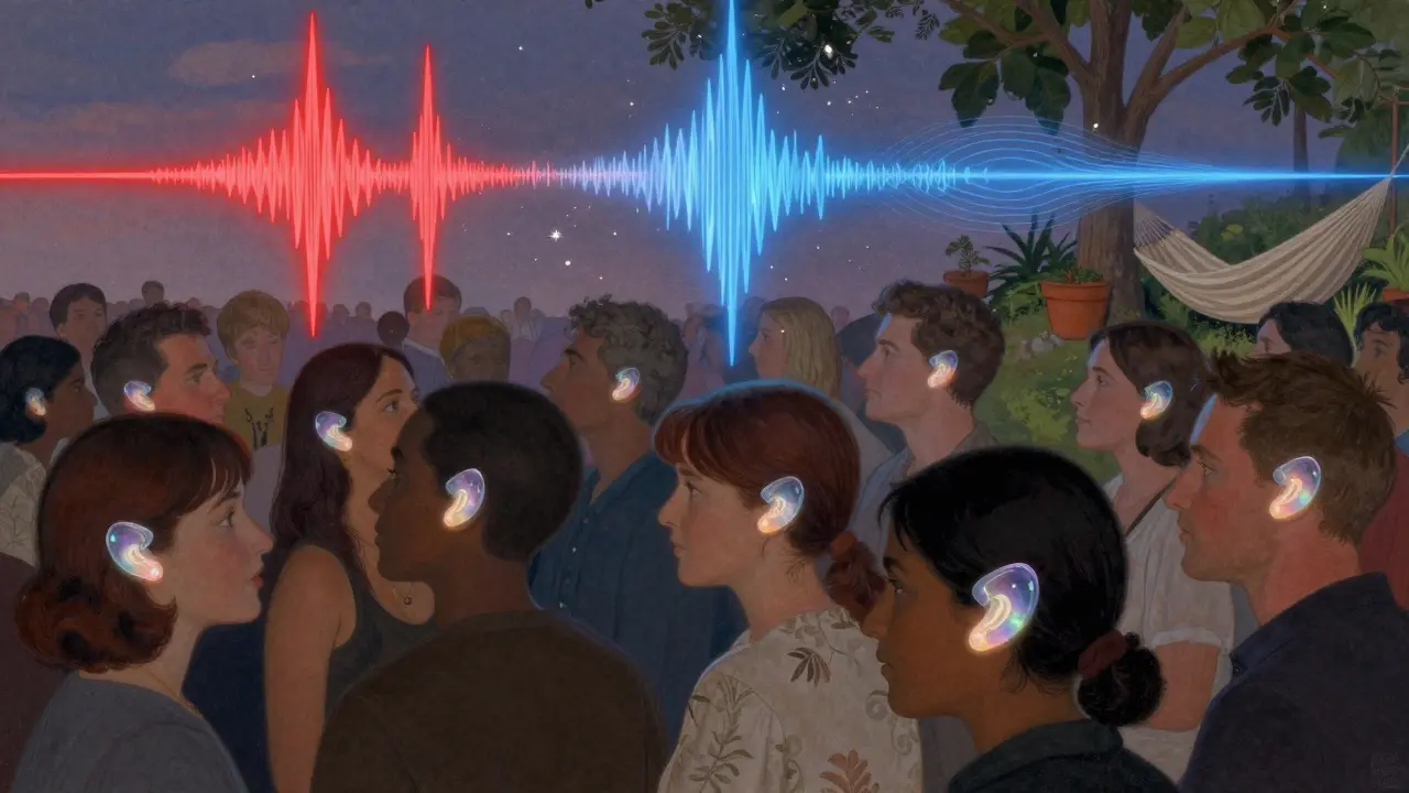 Multitud en un concierto usando tapones musicales que transforman el ruido en ondas suaves, con una zona silenciosa iluminada.