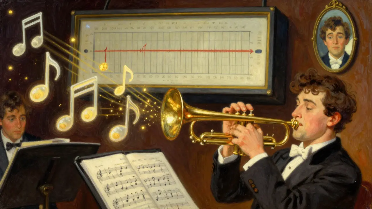 Músico tocando trompeta con tapones auditivos en forma de notas musicales que filtran el sonido en tonos dorados.