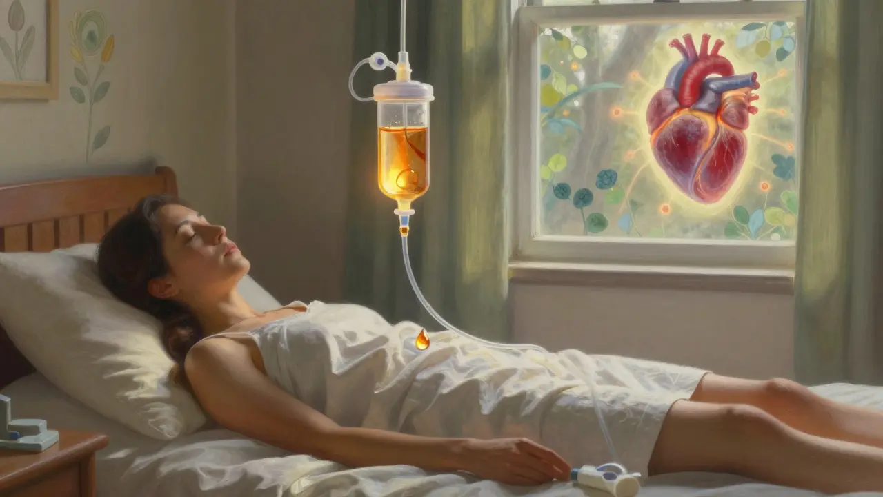 Paciente en casa drenando líquido por un catéter, con un corazón sano y un tumor que se disuelve en luz, bajo un rayo de sol.