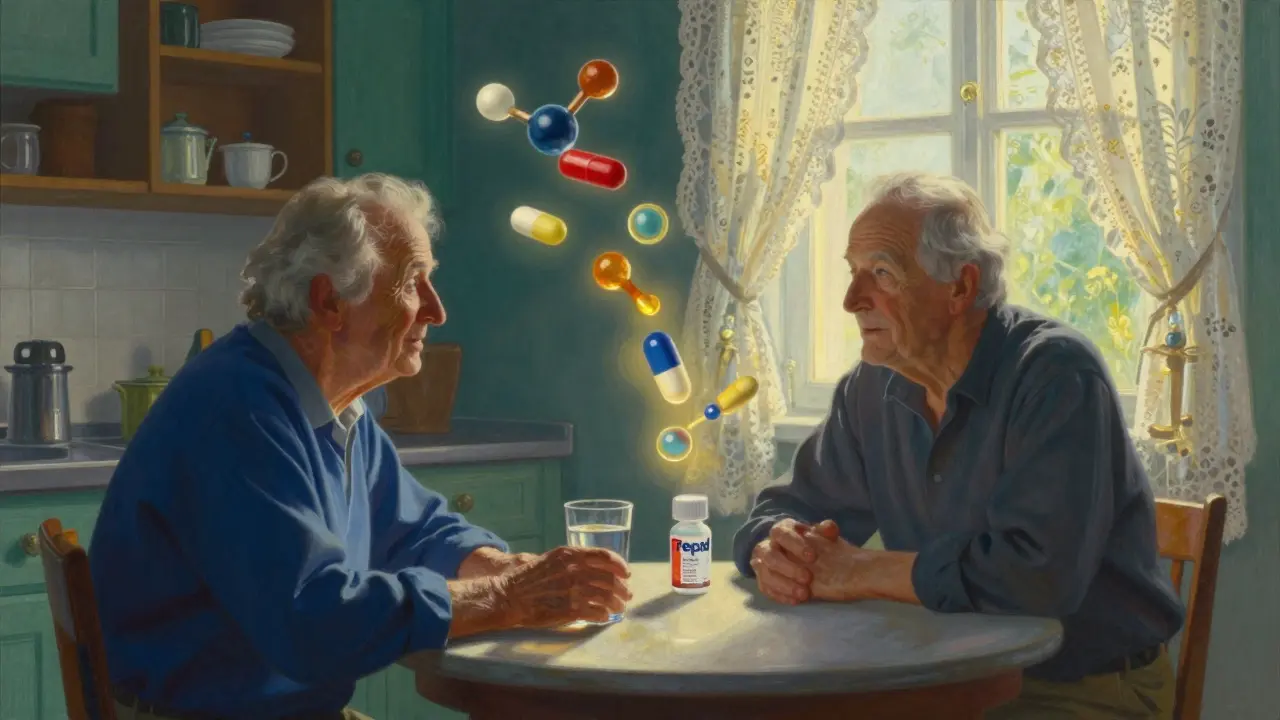 Paciente tomando una alternativa segura al antácido, con estructuras moleculares brillantes de fondo.
