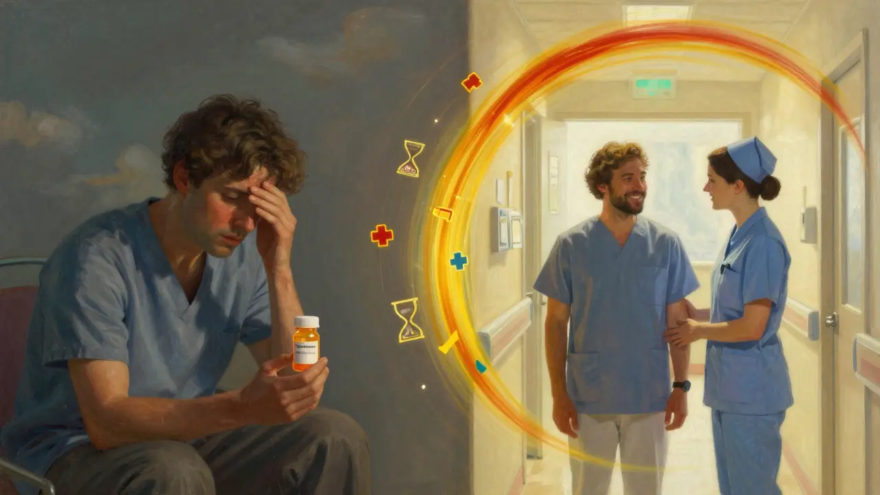 Paciente transformado de preocupación a calma, con un nuevo tinte de contraste reemplazando al anterior en un arco luminoso.