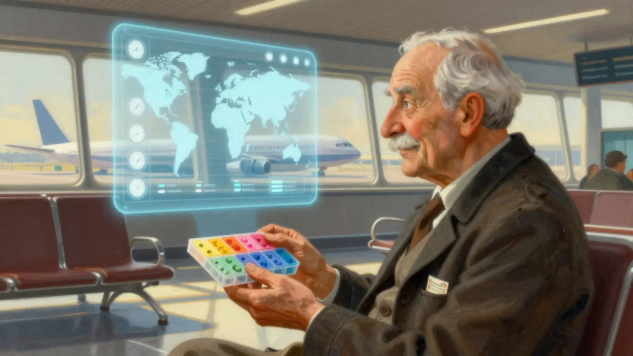 Persona mayor en aeropuerto con organizador de pastillas y holograma de recordatorio.