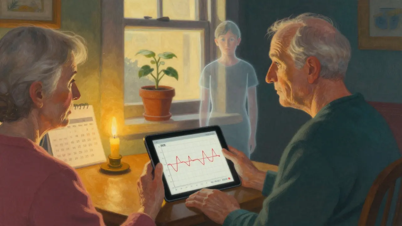 Persona mayor observando un gráfico de INR en una tablet, iluminada por luz cálida y un calendario de pruebas.