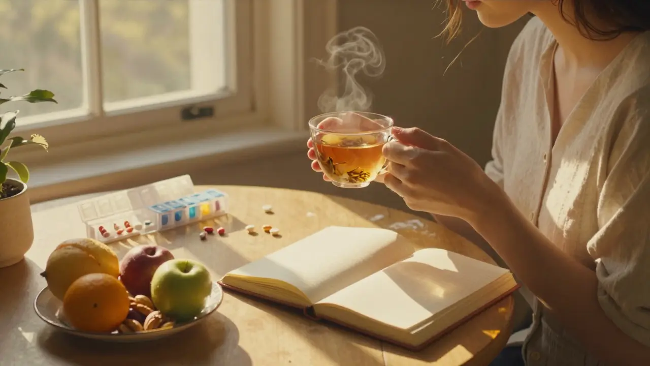 Persona sentada junto a una ventana al amanecer, con pastillas, frutas y té, bañada en luz dorada y cálida.