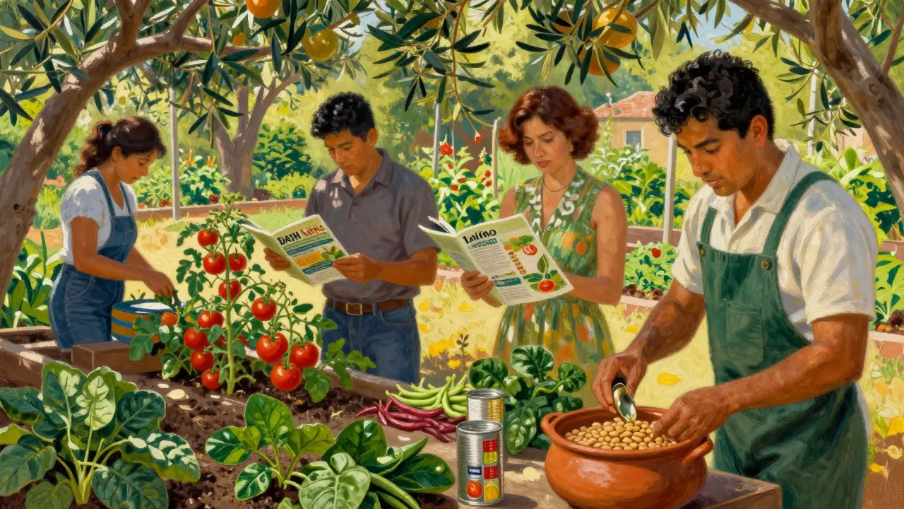 Personas recolectando vegetales frescos en un jardín comunitario, reemplazando frijoles enlatados por frescos.