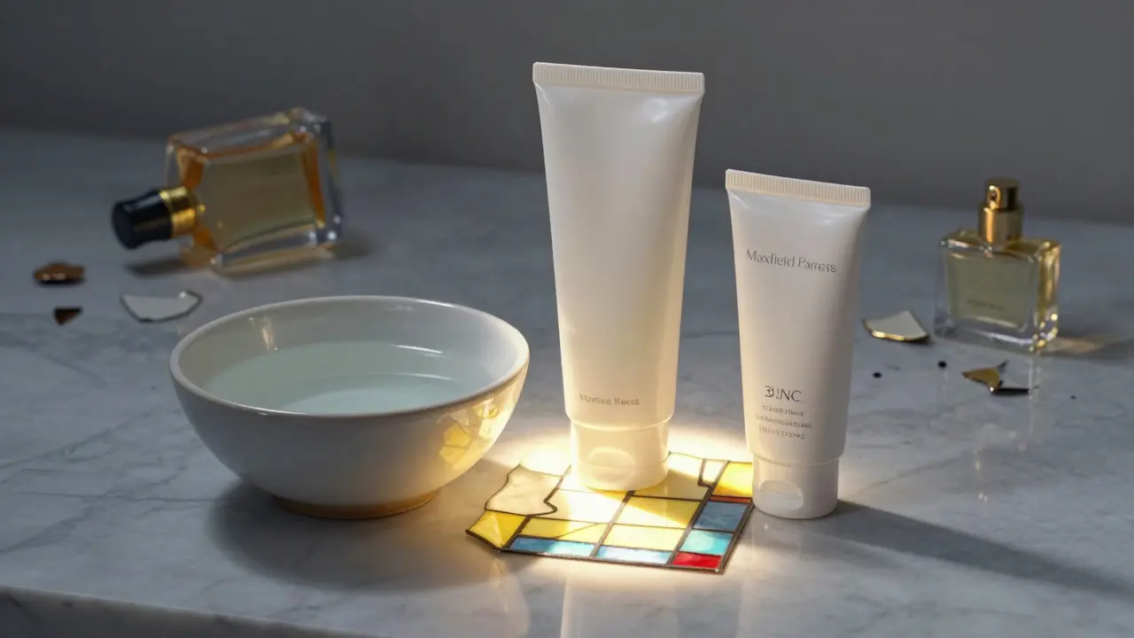 Rutina mínima de cuidado: limpiador, crema y protector solar sobre mármol, con frascos de fragancia rotos.