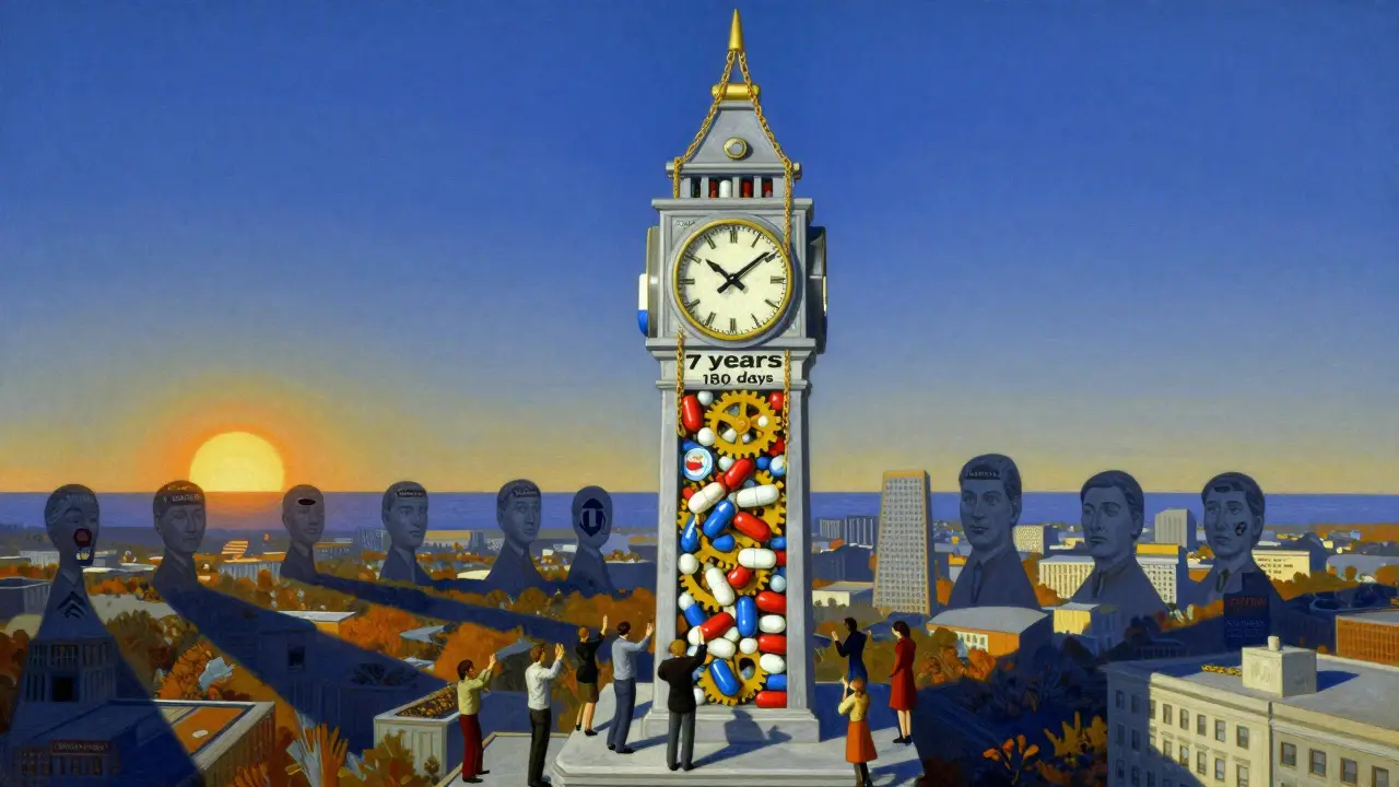 Torre de reloj hecha de pastillas con cadenas de exclusividad, mientras ciudadanos intentan alcanzar el sol de acceso a genéricos.