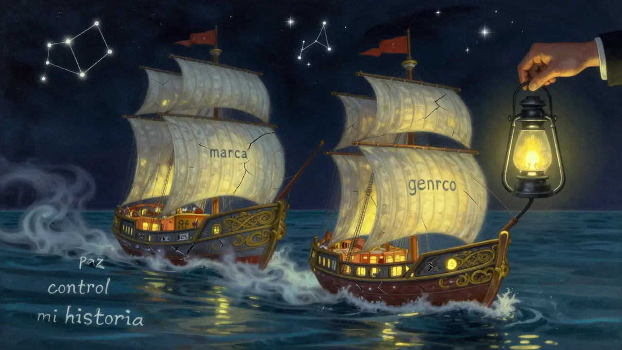 Un barco simbólico de la historia del paciente navega hacia la esperanza, con un medicamento genérico como nuevo rumbo, en un paisaje onírico.