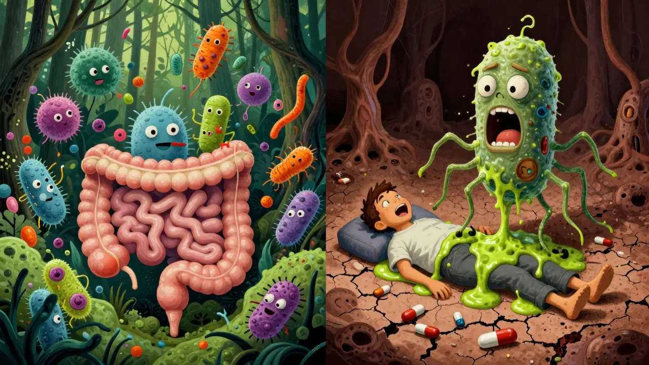Un ecosistema intestinal saludable a la izquierda y un desierto tóxico a la derecha, con una bacteria C. difficile monstruosa atacando a un paciente.
