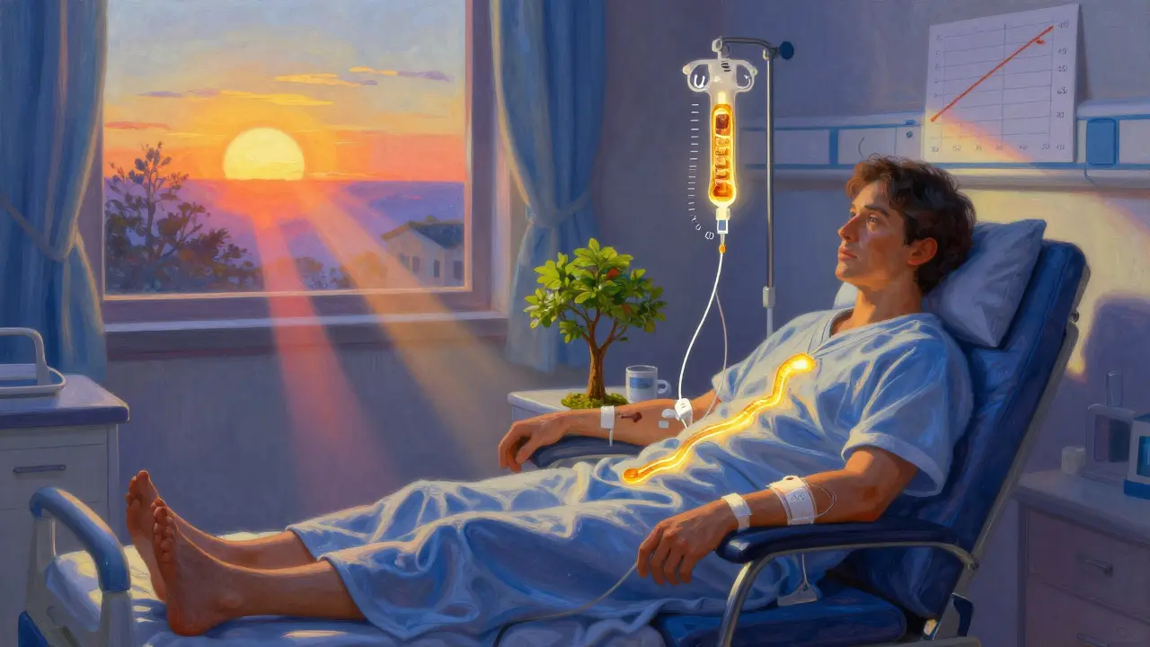 Un paciente en diálisis recibe un flujo dorado de metformina purificada, con un árbol simbólico creciendo junto a la máquina.