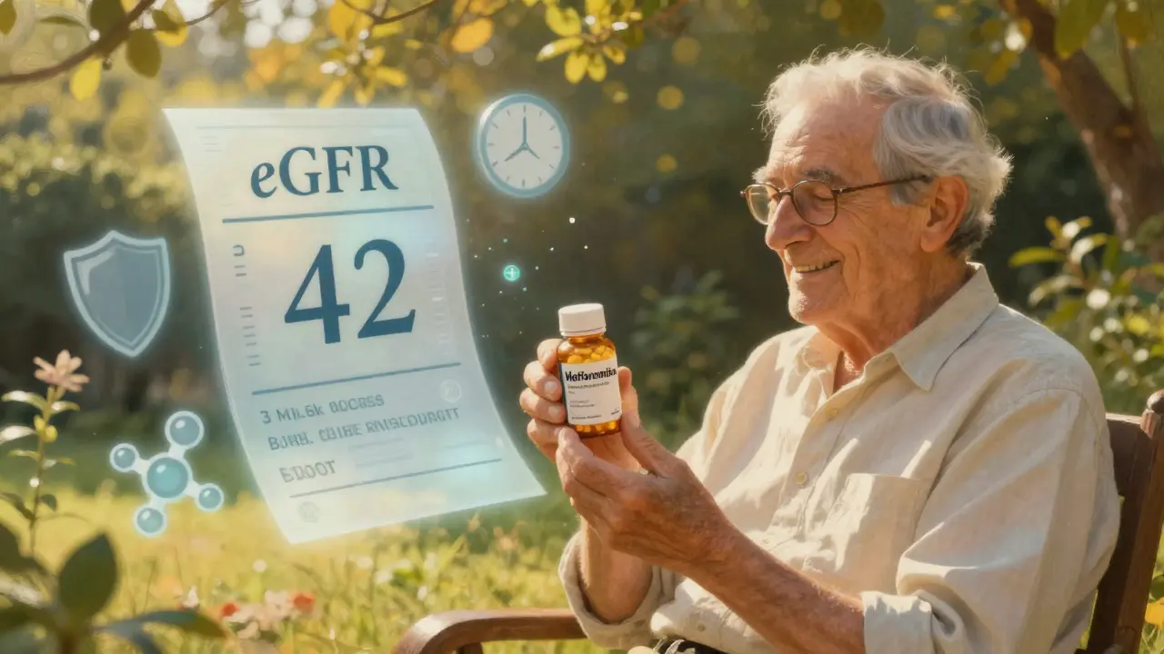 Un paciente mayor sonríe sosteniendo metformina mientras un gráfico de eGFR flota cerca, iluminado por el sol.
