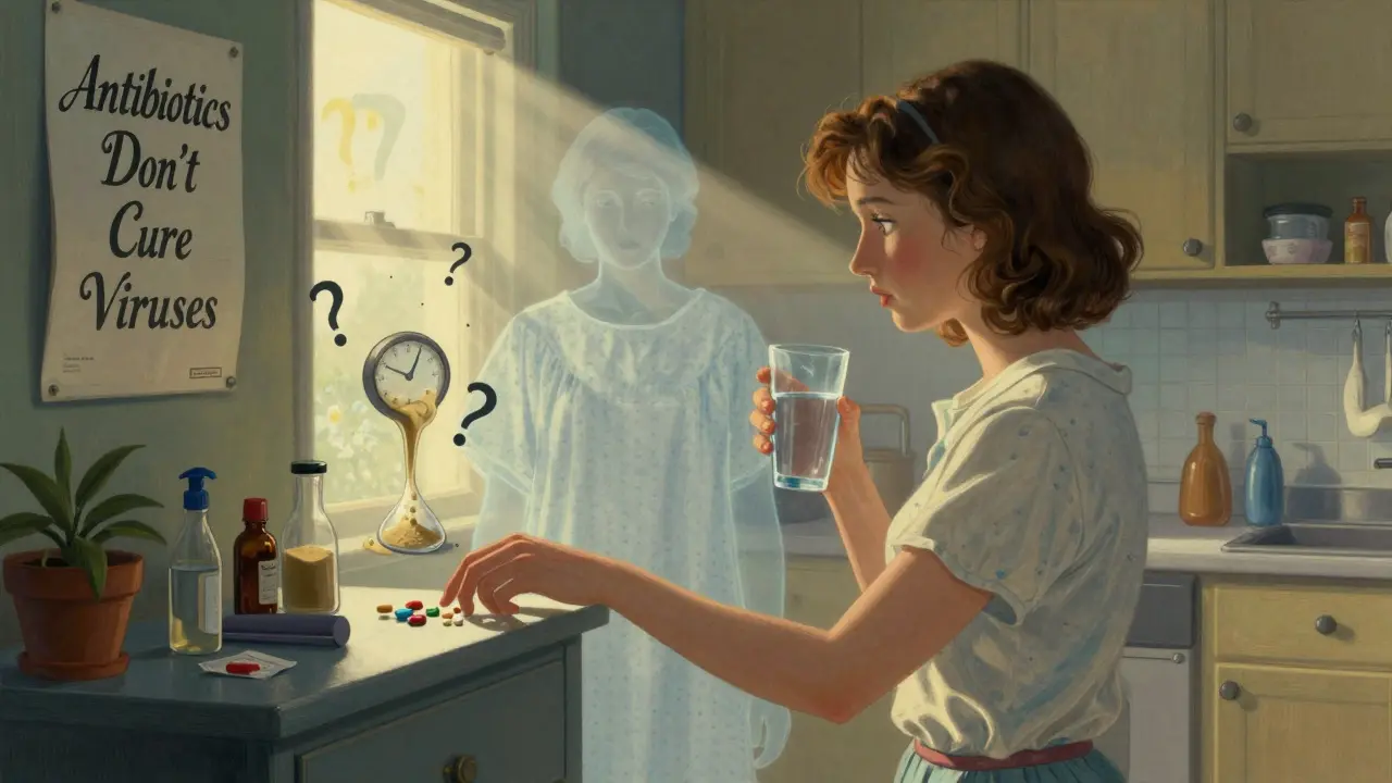 Una mujer en su cocina dudando entre tomar antibióticos sobrantes, mientras una sombra futura la mira desde el hospital.