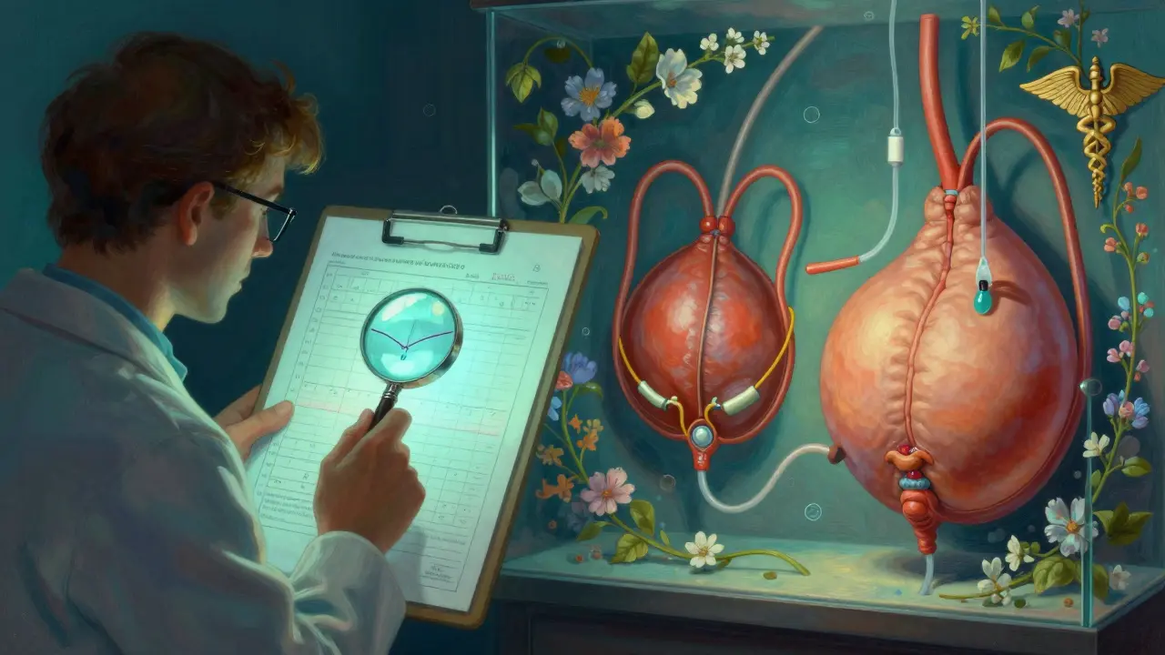 Urologista examina gráfica de flujo urinario bajo, con vejigas comparadas en ilustración etérea y detallada.