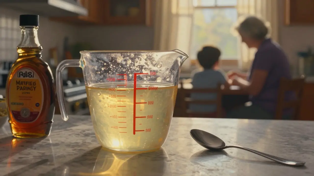Vaso medidor con marcas en relieve y línea roja de seguridad, iluminado por la luz del amanecer.